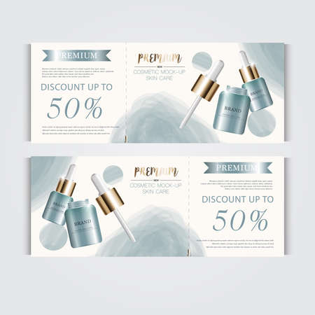Gift voucher hydrating facial serum for annual sale or festival sale. silver and gold serum mask bottle isolated on glitter particles background. Banner graceful cosmetic ads, illustration.のイラスト素材