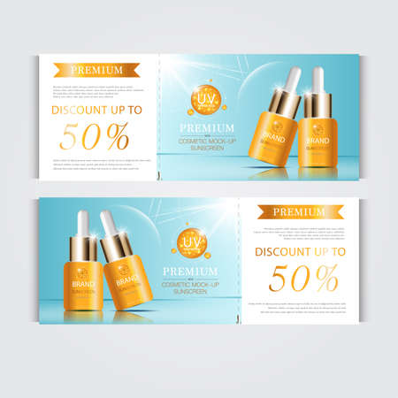 Gift voucher hydrating facial serum for annual sale or festival sale. silver and gold serum mask bottle isolated on glitter particles background. Banner graceful cosmetic ads, illustration.のイラスト素材