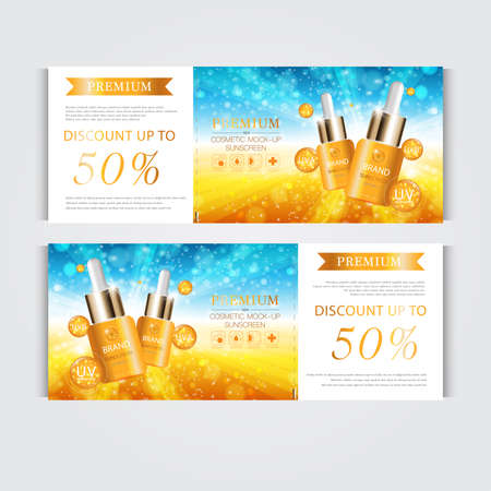 Gift voucher hydrating facial serum for annual sale or festival sale. silver and gold serum mask bottle isolated on glitter particles background. Banner graceful cosmetic ads, illustration.のイラスト素材