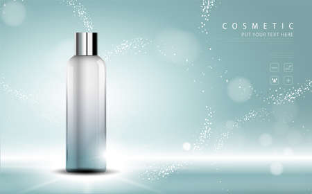 cosmetic product poster, bottle package design with moisturizer cream or liquid, sparkling background with glitter polka.のイラスト素材