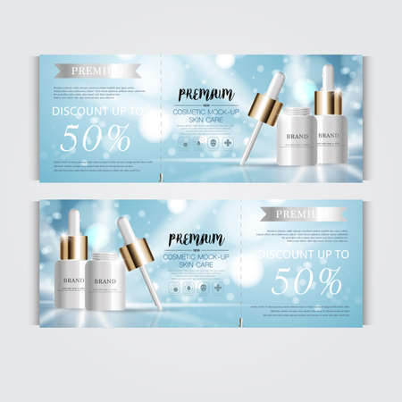 Gift voucher hydrating facial serum for annual sale or festival sale. silver and gold serum mask bottle isolated on glitter particles background. Banner graceful cosmetic ads, illustration.のイラスト素材