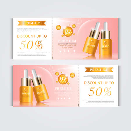 Gift voucher hydrating facial serum for annual sale or festival sale. silver and gold serum mask bottle isolated on glitter particles background. Banner graceful cosmetic ads, illustration.のイラスト素材