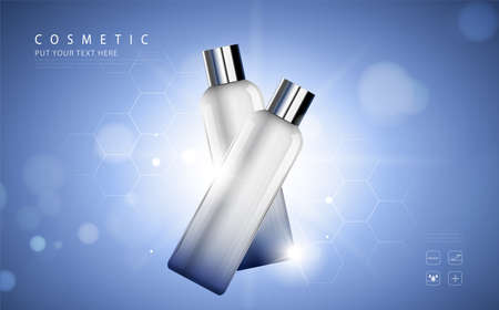 cosmetic product poster, bottle package design with moisturizer cream or liquid, sparkling background with glitter polka.のイラスト素材