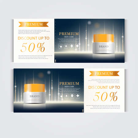 Gift voucher hydrating facial cream for annual sale or festival sale. silver and gold cream mask bottle isolated on glitter particles background. Banner graceful cosmetic ads, illustration.のイラスト素材