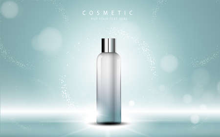 cosmetic product poster, bottle package design with moisturizer cream or liquid, sparkling background with glitter polka.のイラスト素材