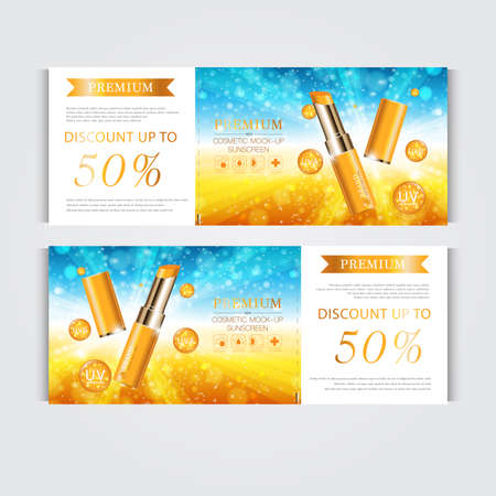 Gift voucher hydrating facial lipstick for annual sale or festival sale. silver and gold lipstick mask bottle isolated on glitter particles background. Banner graceful cosmetic ads, illustration.のイラスト素材