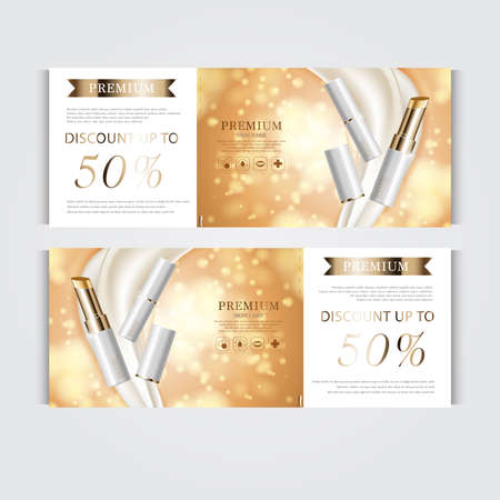 Gift voucher hydrating facial lipstick for annual sale or festival sale. silver and gold lipstick mask bottle isolated on glitter particles background. Banner graceful cosmetic ads, illustration.のイラスト素材