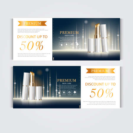 Gift voucher hydrating facial lipstick for annual sale or festival sale. silver and gold lipstick mask bottle isolated on glitter particles background. Banner graceful cosmetic ads, illustration.のイラスト素材