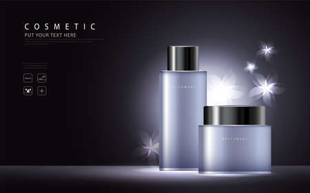 cosmetic product poster, bottle package design with collagen and moisturizer cream or liquid, sparkling background with glitter polka.のイラスト素材