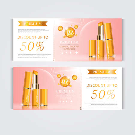 Gift voucher hydrating facial lipstick for annual sale or festival sale. silver and gold lipstick mask bottle isolated on glitter particles background. Banner graceful cosmetic ads, illustration.のイラスト素材