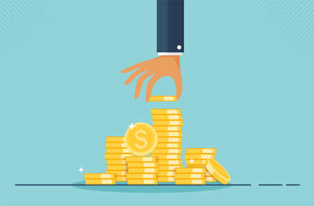 Financial growth concept with stacks of golden coins. concept of monetary collection or strategy of profit or benefit making in business to win. vector cartoon design.のイラスト素材