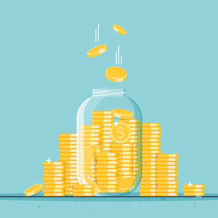 Glass money jar full of gold coins. Growth, income, savings, investment. Symbol of wealth. Business success. vector cartoon design.のイラスト素材