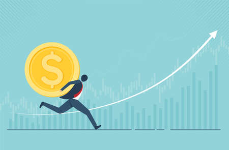 Financial growth concept with golden coin. concept of monetary collection or strategy of profit or benefit making in business to win. vector cartoon design.のイラスト素材