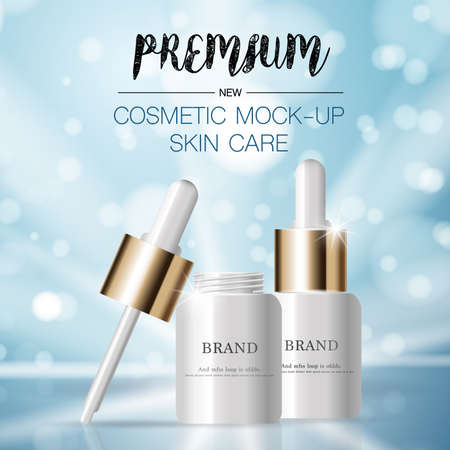 Hydrating facial serum for annual sale or festival sale. silver and gold serum mask bottle isolated on glitter particles background. Graceful cosmetic ads, illustration.のイラスト素材