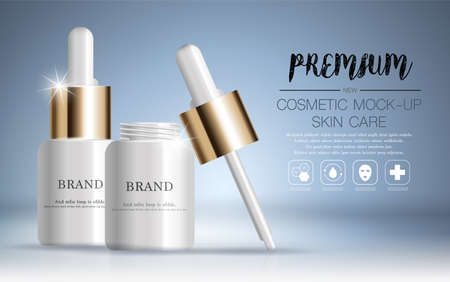 Hydrating facial serum for annual sale or festival sale. silver and gold serum mask bottle isolated on glitter particles background. Graceful cosmetic ads, illustration.のイラスト素材
