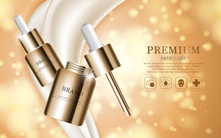 Hydrating facial serum for annual sale or festival sale. silver and gold serum mask bottle isolated on glitter particles background. Graceful cosmetic ads, illustration.のイラスト素材