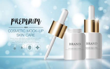 Hydrating facial serum for annual sale or festival sale. silver and gold serum mask bottle isolated on glitter particles background. Graceful cosmetic ads, illustration.のイラスト素材