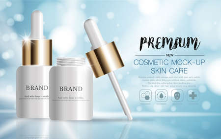 Hydrating facial serum for annual sale or festival sale. silver and gold serum mask bottle isolated on glitter particles background. Graceful cosmetic ads, illustration.のイラスト素材