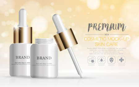Hydrating facial serum for annual sale or festival sale. silver and gold serum mask bottle isolated on glitter particles background. Graceful cosmetic ads, illustration.の写真素材