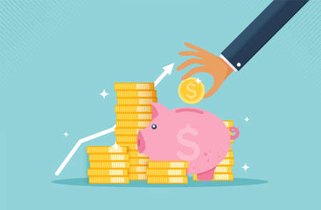 Piggy bank and hand with coin icon, financial growth concept of monetary collection or strategy of profit or benefit making in business. vector cartoon design.のイラスト素材