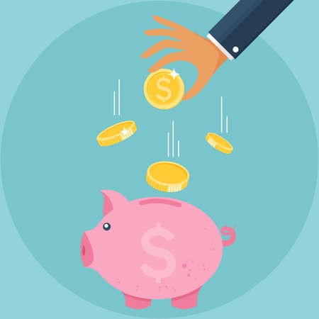 Piggy bank and hand with coin icon, financial growth concept of monetary collection or strategy of profit or benefit making in business. vector cartoon design.のイラスト素材