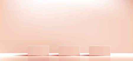 Orange geometric podium square and minimal boxes. empty showcase for cosmetic product presentation. Fashion magazine. Illustration design.のイラスト素材