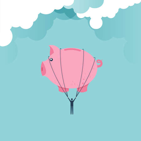 Financial freedom concept as a piggy bank balloon lifting a businessman up to success for management and investment. vector cartoon design.のイラスト素材