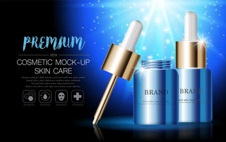 Hydrating facial serum for annual sale or festival sale. silver and gold serum mask bottle isolated on glitter particles background. Graceful cosmetic ads, illustration.のイラスト素材
