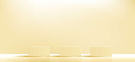 Yellow geometric podium square and minimal boxes. empty showcase for cosmetic product presentation. Fashion magazine. Illustration design.のイラスト素材