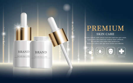 Hydrating facial serum for annual sale or festival sale. silver and gold serum mask bottle isolated on glitter particles background. Graceful cosmetic ads, illustration.のイラスト素材