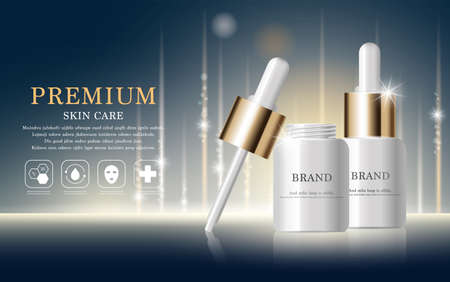 Hydrating facial serum for annual sale or festival sale. silver and gold serum mask bottle isolated on glitter particles background. Graceful cosmetic ads, illustration.のイラスト素材