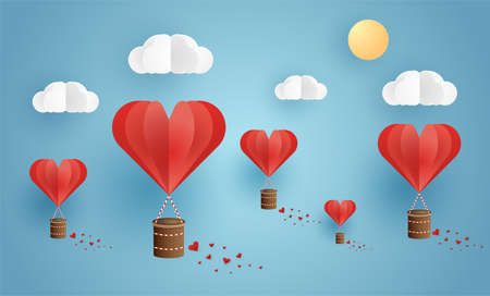 Origami made hot air balloon flying on the sky with heart float on the sky, illustration of love and valentine day, vector paper art and craft style illustration.のイラスト素材