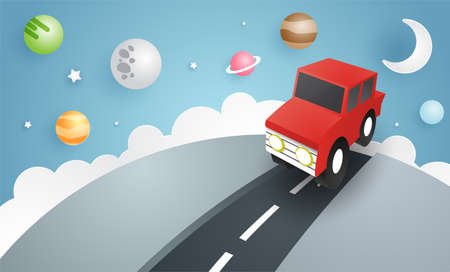Escape from the city, illustration of love travel day, paper art of red car jumping on mound with the solar system at back, vector paper art and craft style illustration.のイラスト素材