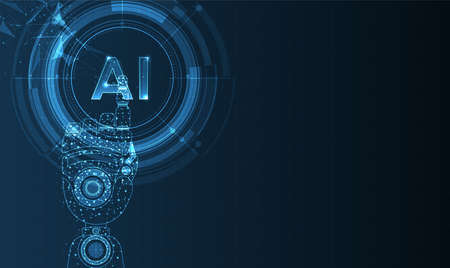 Artificial intelligence and robot hand in humanoid head with neural network thinks. Digital is learning processing big data. Technology and engineering concept. vector design.のイラスト素材