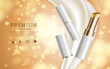 Hydrating facial lipstick for annual sale or festival sale. silver and gold lipstick mask bottle isolated on glitter particles background. Graceful cosmetic ads, illustration.のイラスト素材