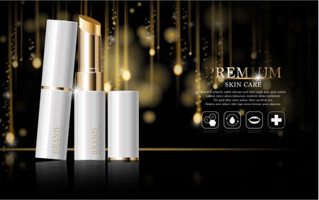 Hydrating facial lipstick for annual sale or festival sale. silver and gold lipstick mask bottle isolated on glitter particles background. Graceful cosmetic ads, illustration.のイラスト素材