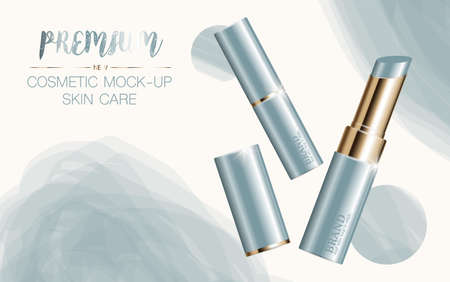 Hydrating facial lipstick for annual sale or festival sale. silver and gold lipstick mask bottle isolated on glitter particles background. Graceful cosmetic ads, illustration.のイラスト素材