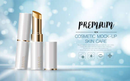 Hydrating facial lipstick for annual sale or festival sale. silver and gold lipstick mask bottle isolated on glitter particles background. Graceful cosmetic ads, illustration.のイラスト素材