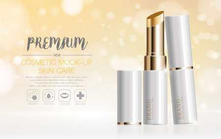 Hydrating facial lipstick for annual sale or festival sale. silver and gold lipstick mask bottle isolated on glitter particles background. Graceful cosmetic ads, illustration.のイラスト素材