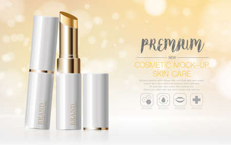 Hydrating facial lipstick for annual sale or festival sale. silver and gold lipstick mask bottle isolated on glitter particles background. Graceful cosmetic ads, illustration.のイラスト素材