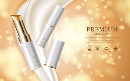 Hydrating facial lipstick for annual sale or festival sale. silver and gold lipstick mask bottle isolated on glitter particles background. Graceful cosmetic ads, illustration.のイラスト素材