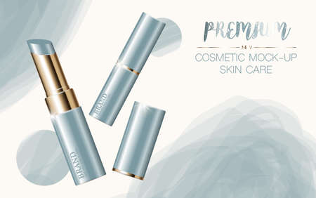 Hydrating facial lipstick for annual sale or festival sale. silver and gold lipstick mask bottle isolated on glitter particles background. Graceful cosmetic ads, illustration.のイラスト素材