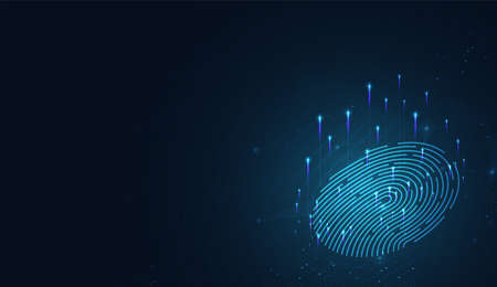 Laser scanning of fingerprint of digital biometric security technology. Low poly wire outline geometric. vector design.のイラスト素材
