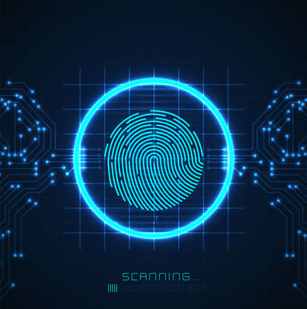 Laser scanning of fingerprint of digital biometric security technology. Low poly wire outline geometric. vector design.のイラスト素材