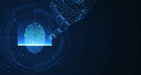 Laser scanning of fingerprint of digital biometric security technology. Low poly wire outline geometric. vector design.のイラスト素材