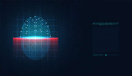 Laser scanning of fingerprint of digital biometric security technology. Low poly wire outline geometric. vector design.のイラスト素材