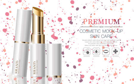 Hydrating facial lipstick for annual sale or festival sale. silver and gold lipstick mask bottle isolated on glitter particles background. Graceful cosmetic ads, illustration.のイラスト素材