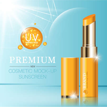 Hydrating facial lipstick for annual sale or festival sale. silver and gold lipstick mask bottle isolated on glitter particles background. Graceful cosmetic ads, illustration.のイラスト素材