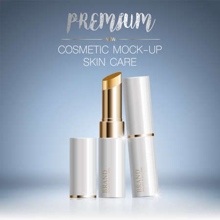 Hydrating facial lipstick for annual sale or festival sale. silver and gold lipstick mask bottle isolated on glitter particles background. Graceful cosmetic ads, illustration.のイラスト素材