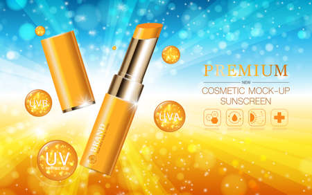 Hydrating facial lipstick for annual sale or festival sale. silver and gold lipstick mask bottle isolated on glitter particles background. Graceful cosmetic ads, illustration.のイラスト素材